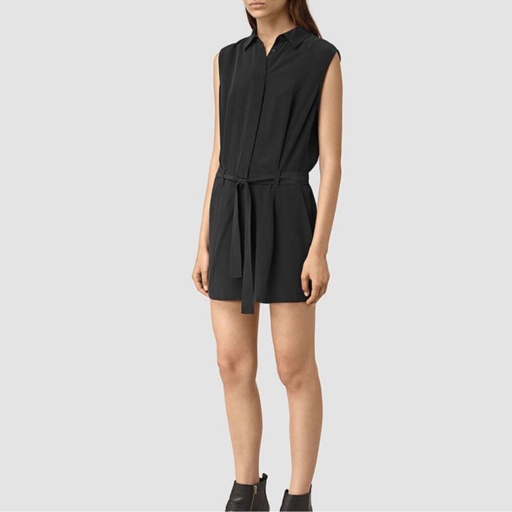 AllSaints Nila Silk Playsuit Black Belted Romper Size 6